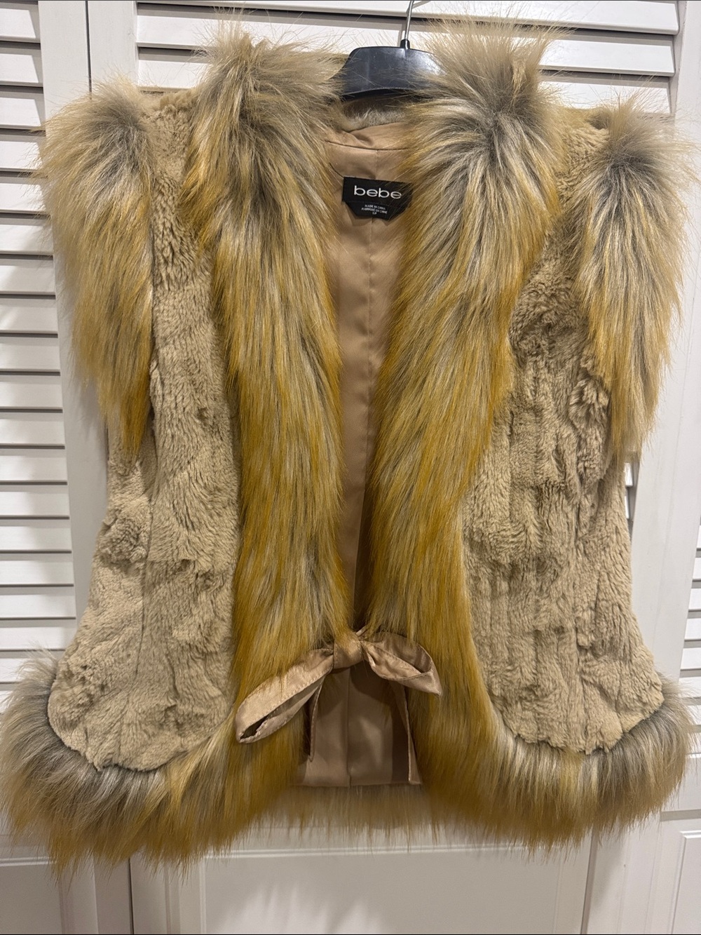bebe Beige Faux Fur Vest with Golden Brown Trim